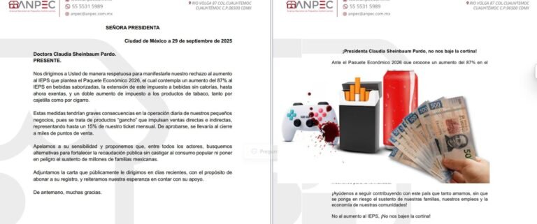 ANPEC envía carta a Claudia Sheinbaum para rechazar aumento al IEPS en refrescos y tabaco